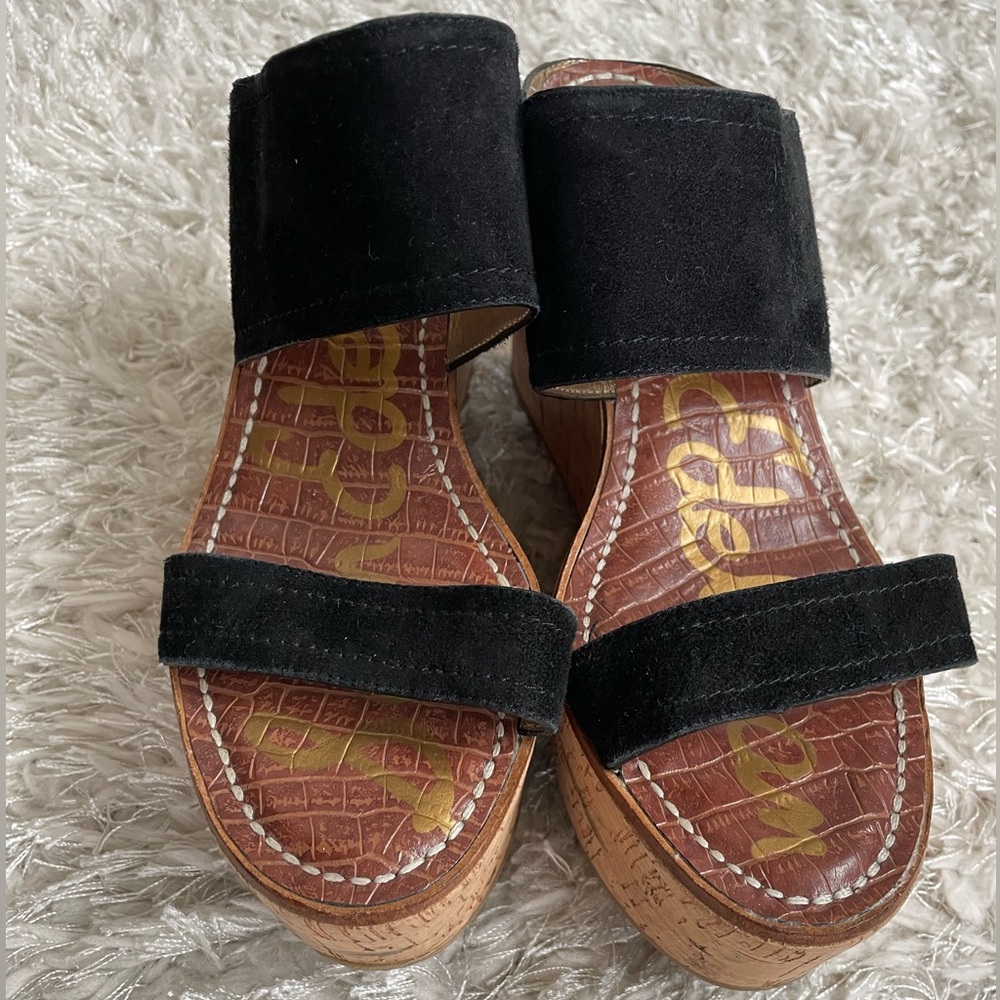 Sam Edelman Black Suede Cork Wedge Sandals